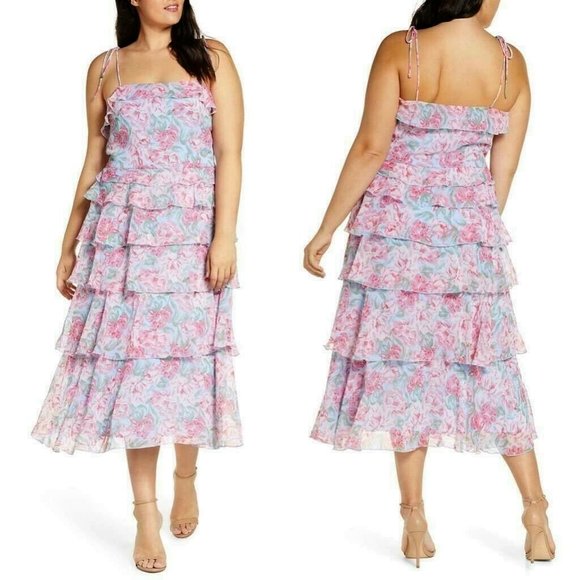 WAYF Chiffon Tiered Ruffle Dress Midi Plus Size 1X Tie Shoulder Blue Pink - Picture 3 of 10